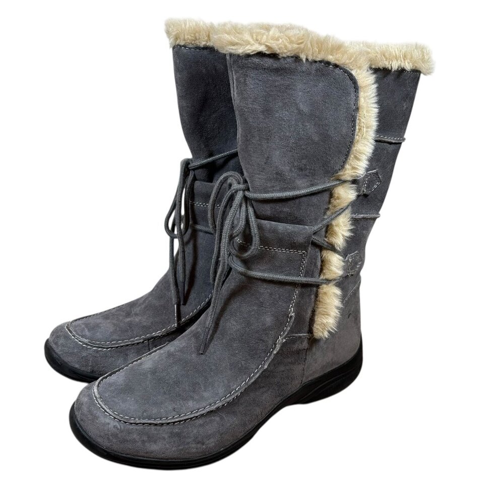 Earth Origins Danielle Gray Suede Lace Up Fur Trim Winter Boots Dressy